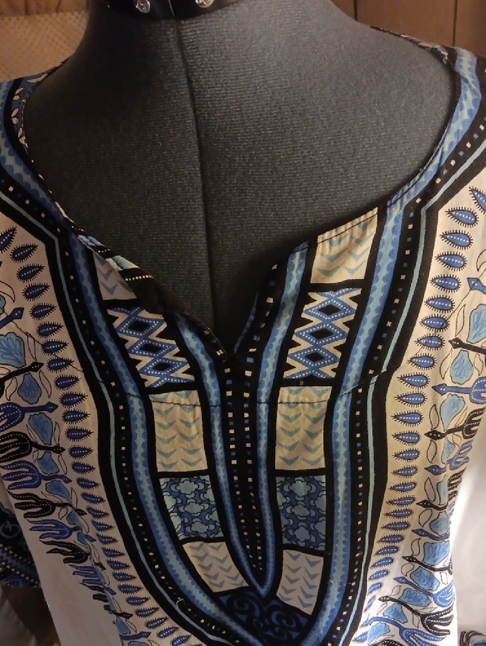 Blue Patterned Women’s Dadsiki V-Neck Top